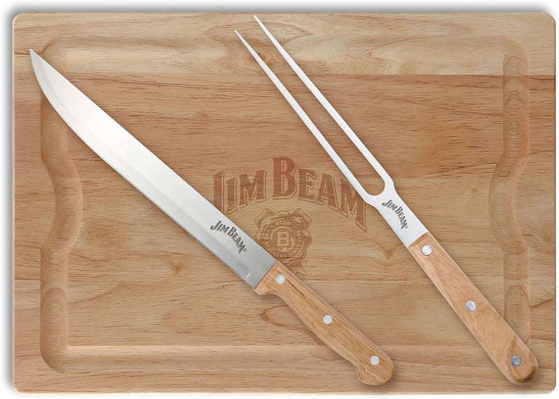 Jim Beam 3-Piece Carving Set, Includes Stainless Steel Knife and Fork with Wood Handles and Wooden Carving Board, Brown - Image 1